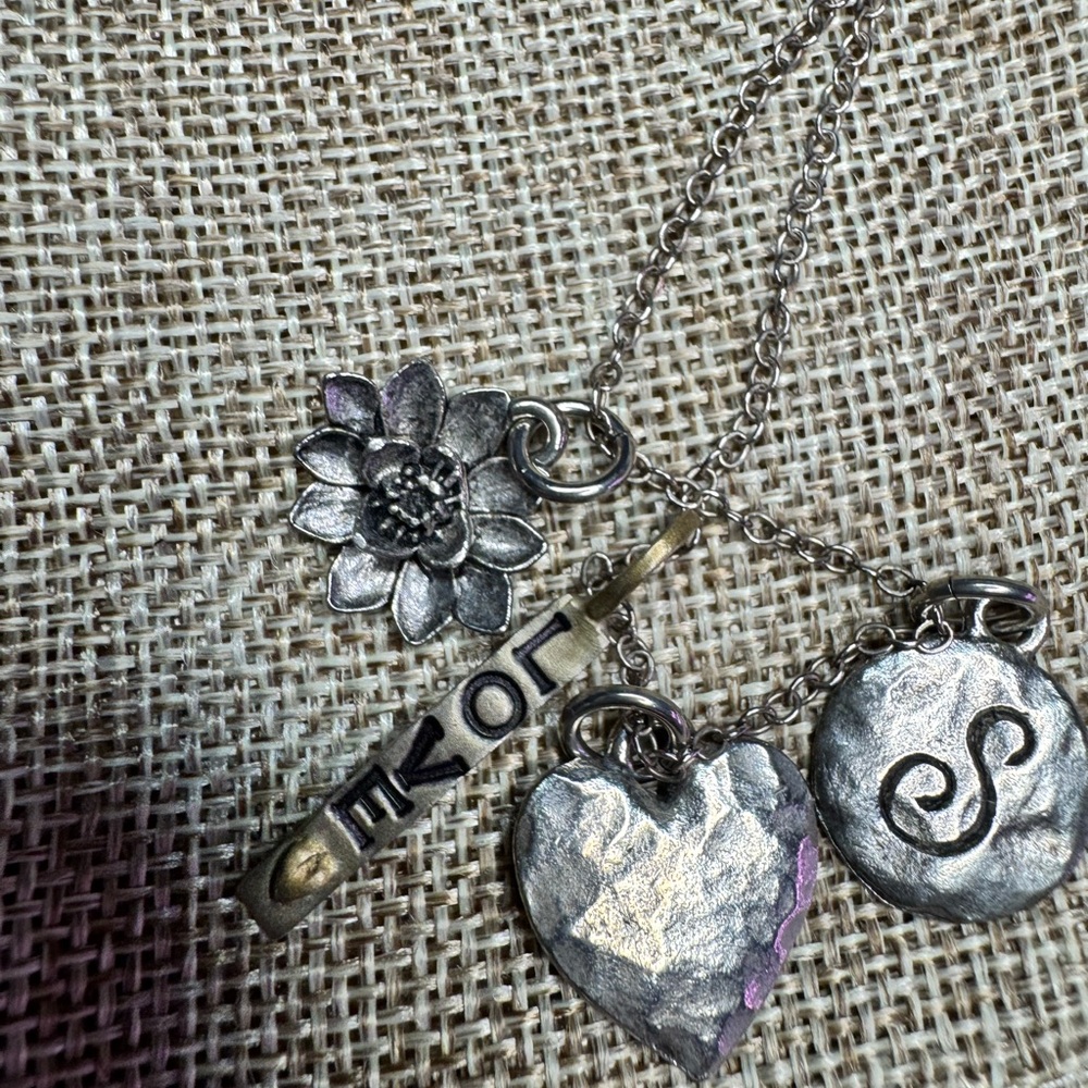 Silver Multi-Charm Necklace with Heart, Flower & Initial S